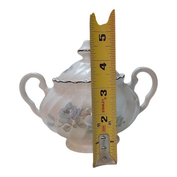 Vintage Porcelain Sugar Bowl with Lid, Blue Floral Pattern, Silver Trim, 4 Inch - Picture 7 of 8
